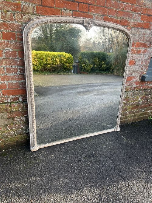 A Fabulous Large Antique English 19th Century Carved Wood & Gesso Arched Top Painted Laurel Leaf Framed Overmantle Mirror.