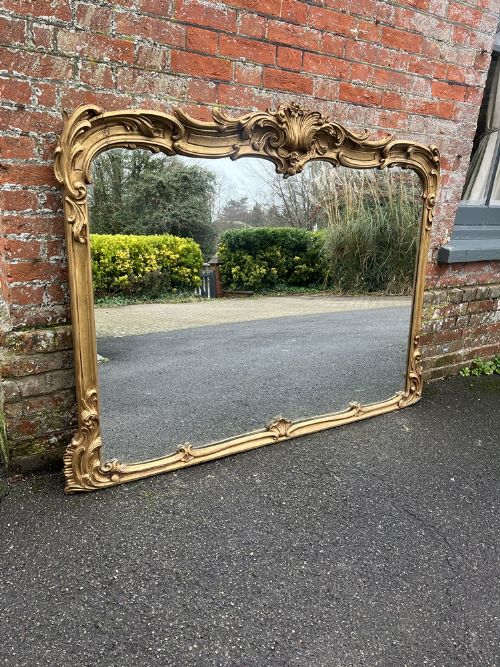 An Exceptional Large Antique English 19th Century Carved Wood & Gesso Shaped Top Ornate Framed Gilt Mirror.