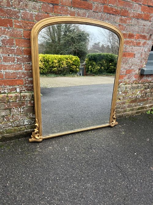 A Wonderful Large Antique English 19th Century Carved Wood & Gesso Arched Top Gilt Overmantle Mirror.