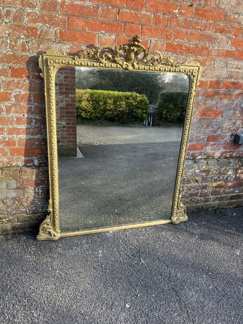 A Fabulous Large Antique English 19th Century Carved Wood & Gesso Gilt Overmantle Mirror.
