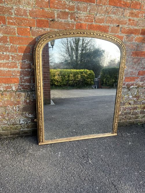 A Superb Large Antique English 19th Century Carved Wood & Gesso Arched Top Gilt Overmantle Mirror.
