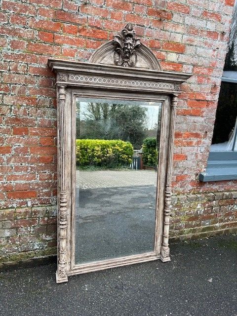 An Exceptional Large Antique French 19th Century Carved Wood Painted Column Framed Mirror.