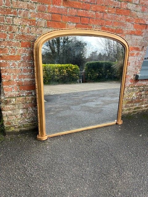 A Wonderful Large Antique English 19th C Arched Top Carved Wood & Gesso Simple Gilt Beaded Framed Overmantle Mirror.