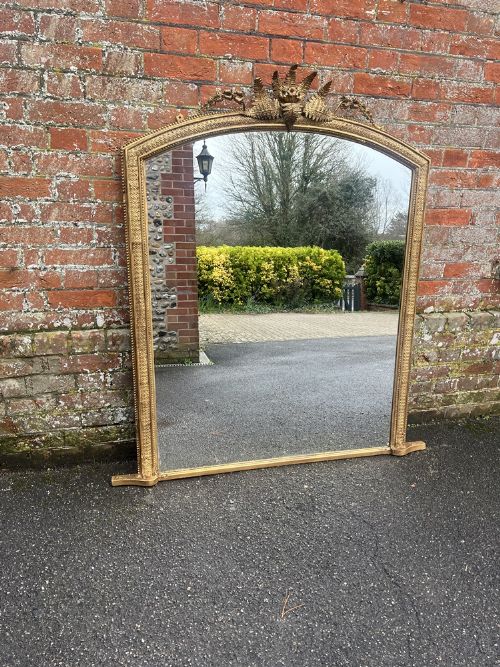 A Spectacular Large Antique English 19th Century Carved Wood & Gesso Shaped Top Gilt Overmantle Mirror.