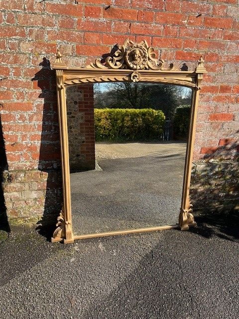 A Stunning Large Antique English 19th C Carved Wood & Gesso Gilt Overmantle Mirror.