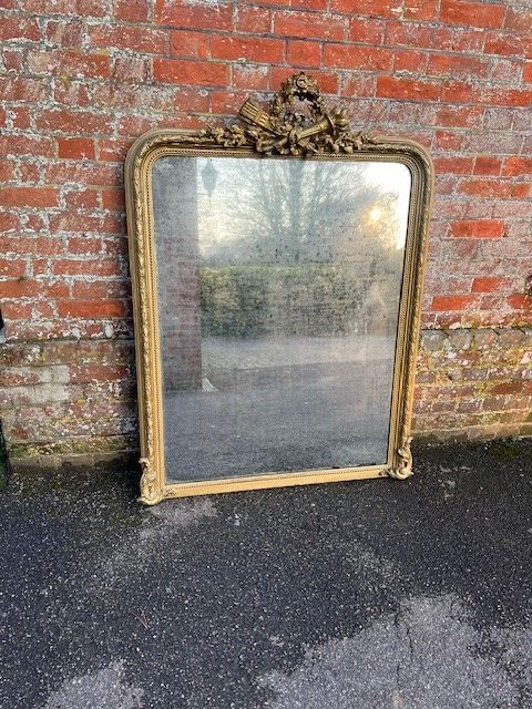 An Exceptional Large Antique French 19th Century Carved Wood & Gesso Arched Top Laurel Leaf Framed Gilt Mirror.