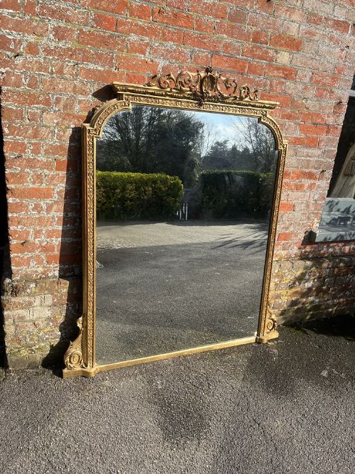 A Spectacular Large Antique 19th Century English Carved Wood & Gesso Shaped Top Gilt Overmantle Mirror.