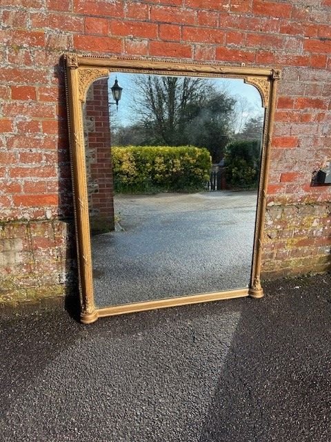 A Wonderful Large Antique English 19th Century Carved Wood & Gesso Gilt Overmantle Mirror.