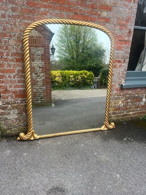 A Spectacular Large Antique English 19th C Arched Top Gilt Ribbed Framed Overmantle Mirror.