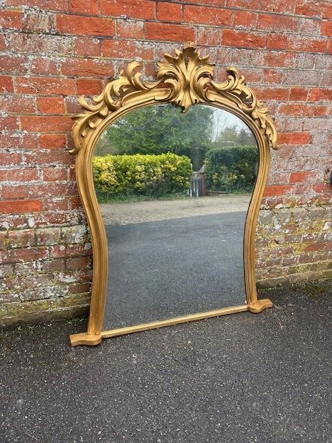 A Stunning Large Antique English 19th Century Carved Wood & Gesso Shaped Gilt Overmantle Mirror.