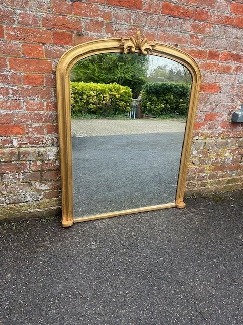 A Superb Large Antique English 19th Century Carved Wood & Gesso Arched Top Gilt Overmantle Mirror.
