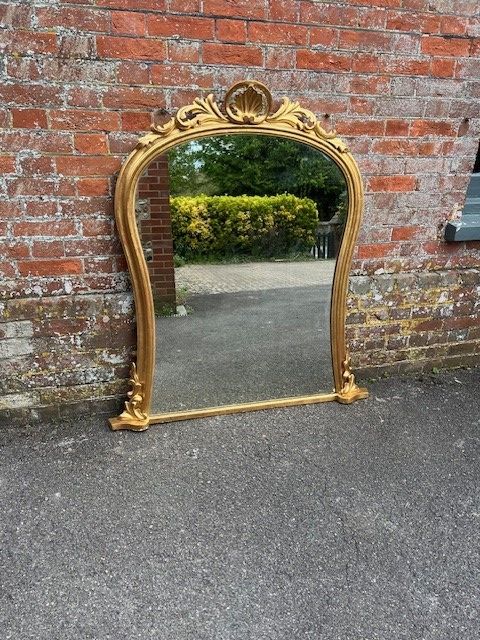 A Wonderful Large Antique English 19th C Carved Wood & Gesso Shaped Top Gilt Overmantle Mirror.