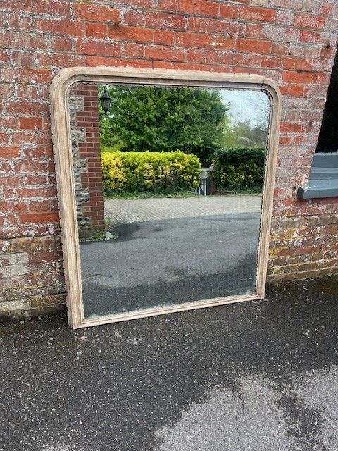 A Stunning Large Antique English 19th Century Carved Wood & Gesso Arched Top Painted Overmantle Mirror.