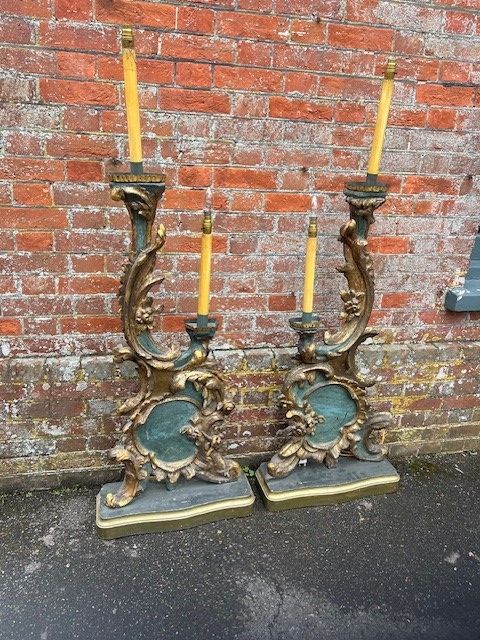 An Exceptional Pair of Early Antique Italian Carved Wood Gilt & Painted Large Lamps.