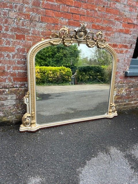 A Spectacular Large Antique English 19th Century Carved Wood & Gesso Arched Top Gilt & Painted Overmantle Mirror.