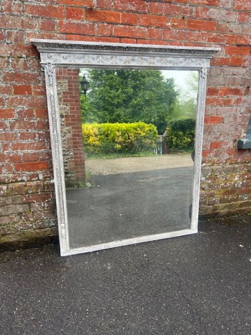 A Wonderful Large Antique English 19th C Carved Wood & Gesso Distressed Painted Overmantle Mirror.