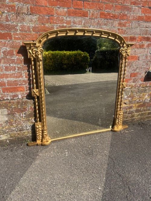 A Stunning Large Antique English 19th Century Carved Wood & Gesso Shaped Top Gilt Overmantle Mirror.