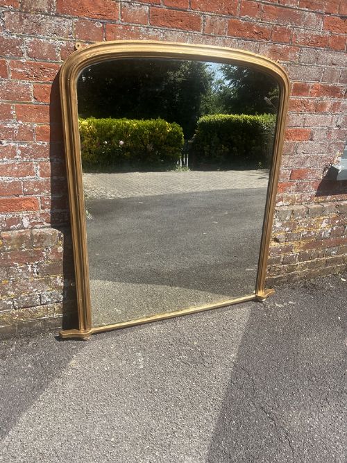 A Fabulous Large Antique English 19th Century Carved Wood & Gesso Arched Top Plain Gilt Overmantle Mirror.