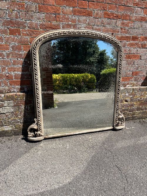 A Stunning Large Antique English 19th Century Carved Wood & Gesso Arched Top Rope Twist Framed Overmantle Mirror.