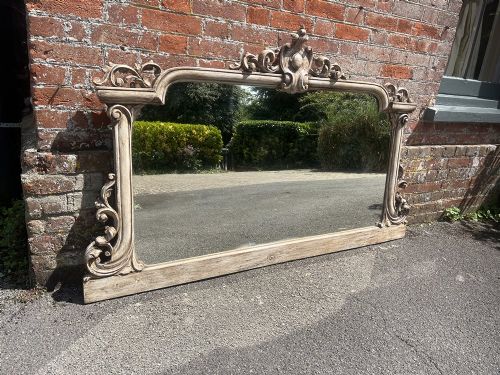A Fabulous Large Antique English 19th Century Carved Wood Shaped Top Painted Mirror.