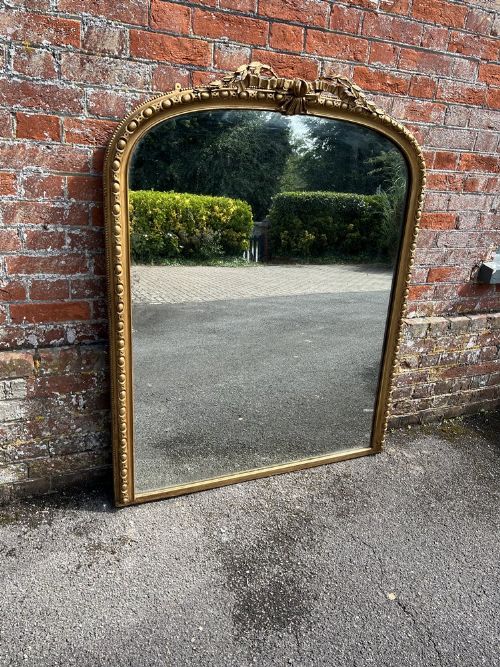 A Stunning Large Antique English 19th Century Carved Wood & Gesso Arched Top Gilt Overmantle Mirror.