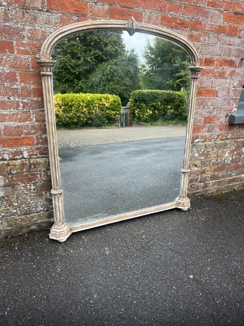 A Superb Large Antique English 19th Century Carved Wood Painted Column Framed Arched Top Overmantle Mirror.