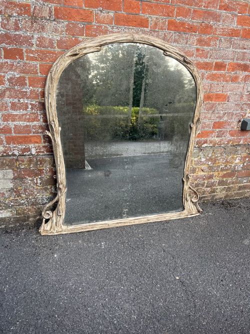 A Fabulous Large Antique English 19th Century Carved Wood Painted Arched Top Overmantle Mirror.
