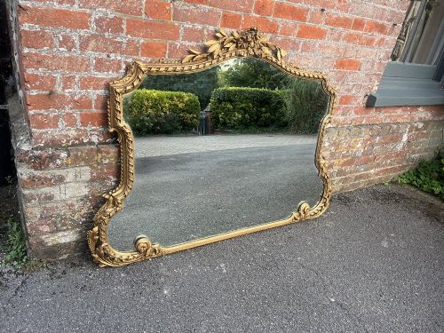 A Stunning Highly Useful Size Antique English 19th Century Carved Wood & Gesso Gilt Shaped Overmantle Mirror.