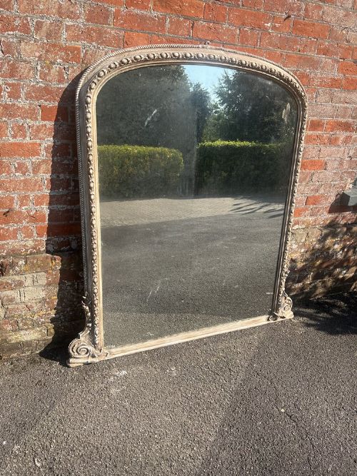 A Stunning Large Antique English 19th Century Carved Wood & Gesso Arched Top Painted Overmantle Mirror.