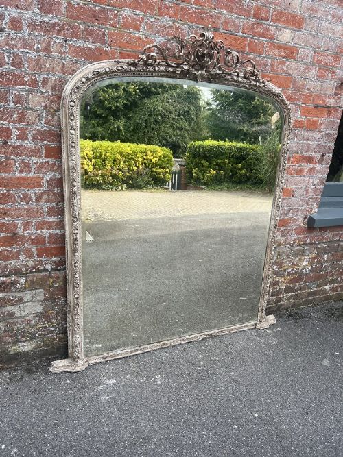 A Spectacular Large Antique English 19th Century Carved Wood & Gesso Arched Top Painted Overmantle Mirror.