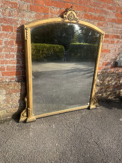 A Fabulous Large Antique English 19th Century Carved Wood & Gesso Shaped Top Gilt Overmantle Mirror.