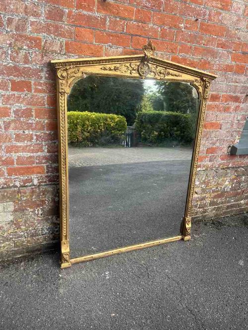A Superb Large Antique English 19th Century Carved Wood & Gesso Gilt Shaped Top Overmantle Mirror.