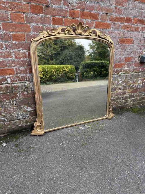 A Delightful Good Size Antique English 19th Century Carved Wood & Gesso Arched Top Distressed Gilt Overmantle Mirror.