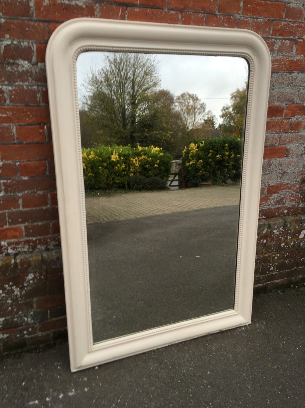 A Large Antique 19th Century French carved wood & gesso arched top painted Louis Philippe Mirror.