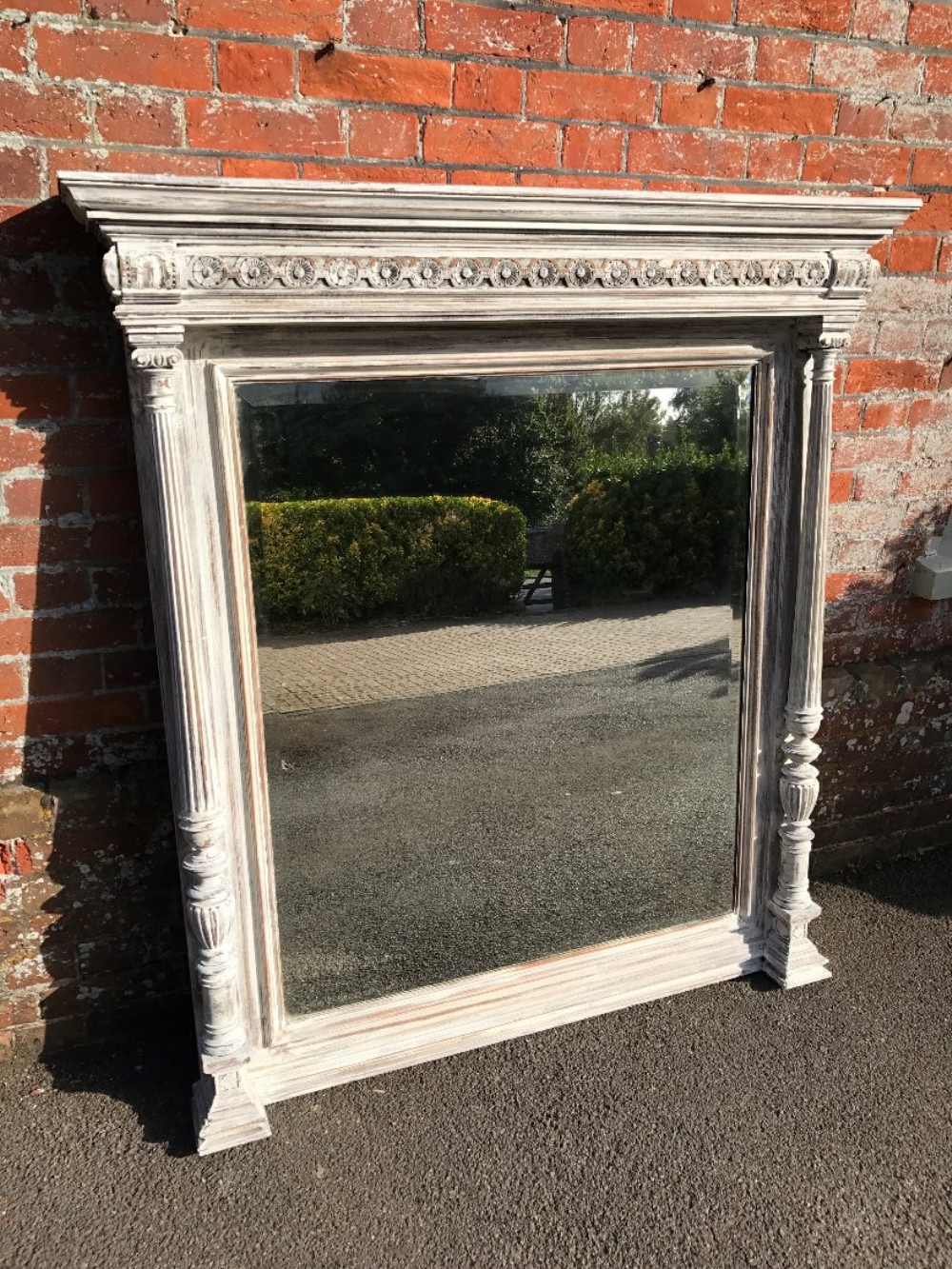 A Spectacular large Antique 19th Century French carved wood distressed painted column framed Mirror.