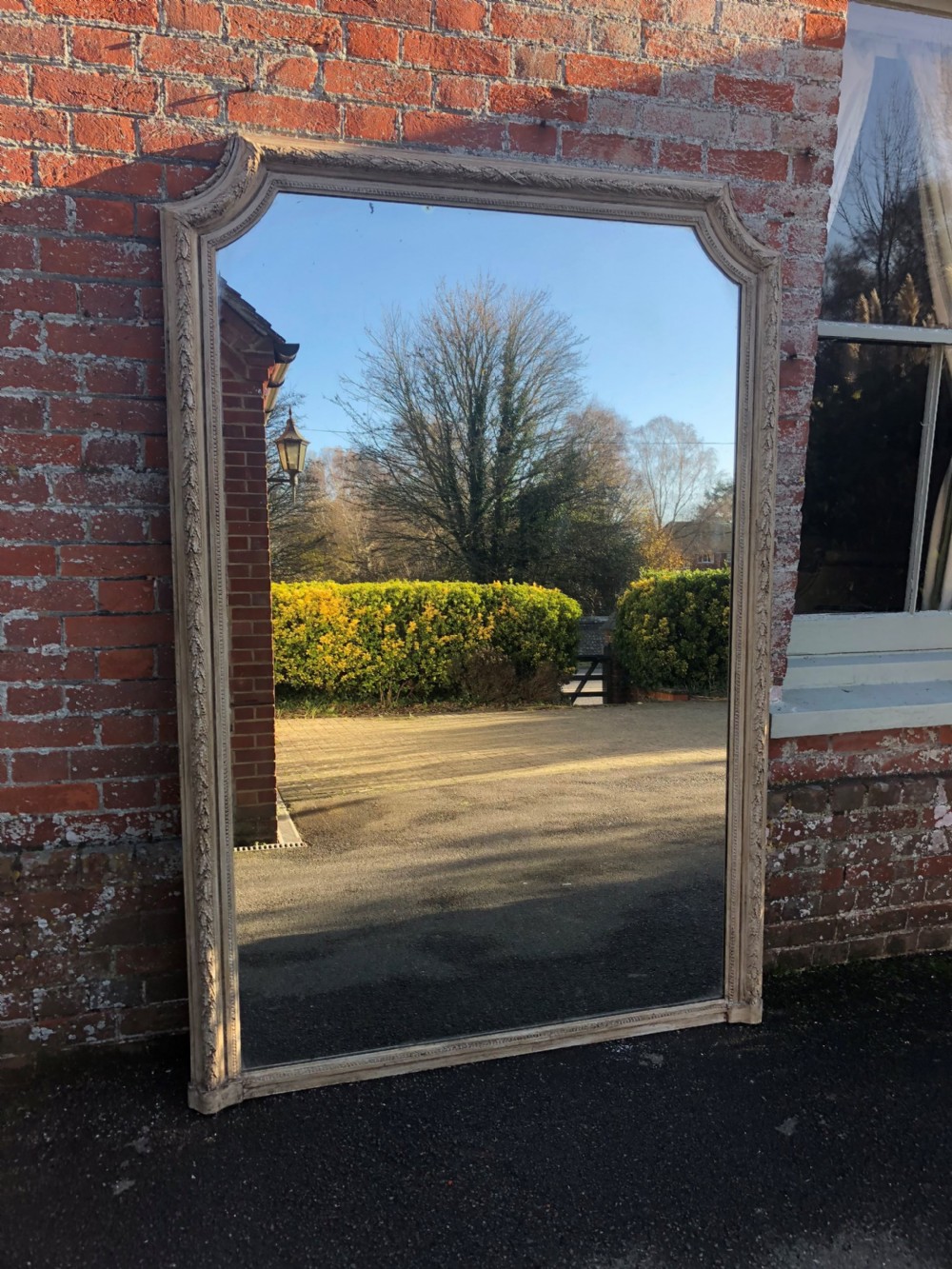 A Spectacular large Antique 19th Century French carved wood & gesso shaped top painted Mirror. View V