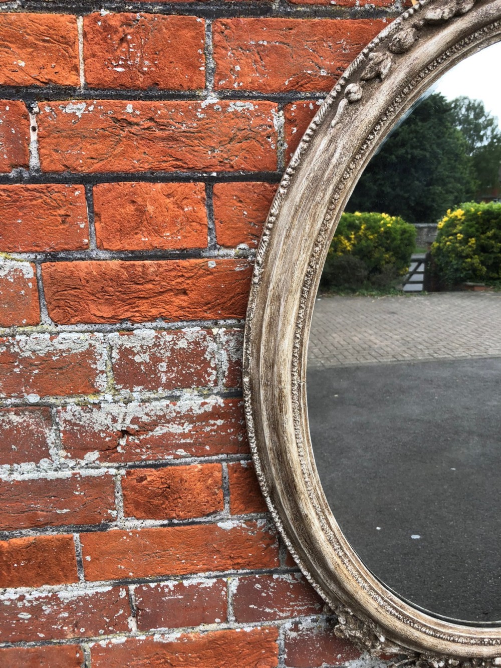 A Delightful useful size Antique 19th Century French carved wood & gesso distressed painted Oval Mirror. View V