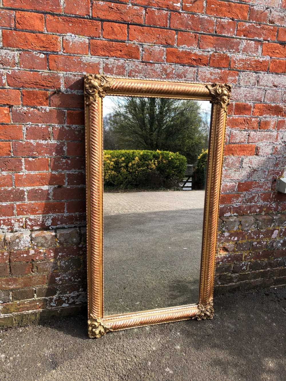 A Fabulous highly useful size Antique French carved wood & gesso original gilt ribbed Mirror. View VI