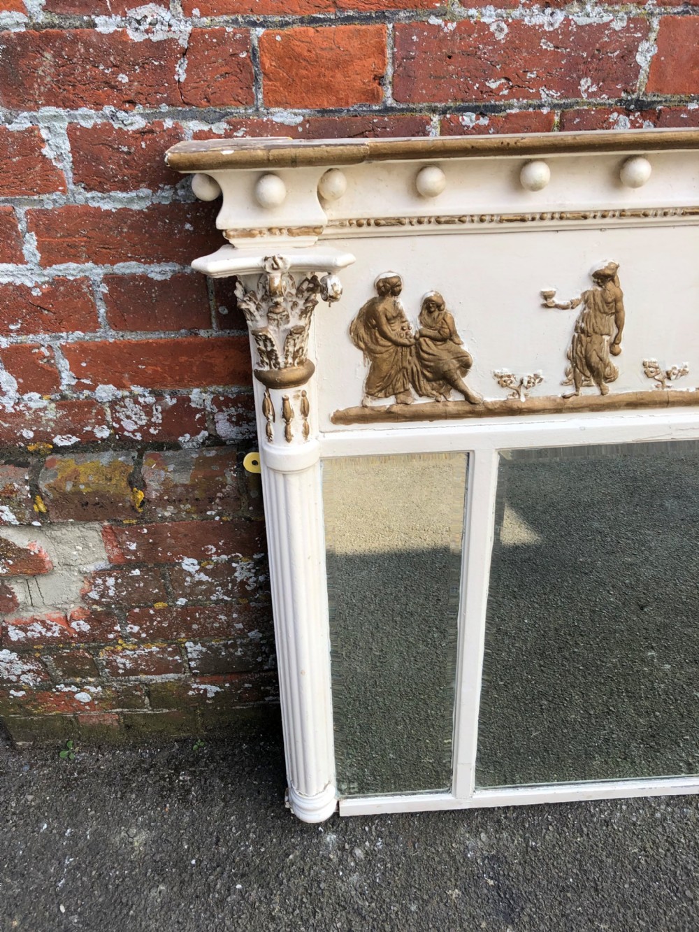 A Fabulous good size Antique English carved wood & gesso painted triple plate Mirror. View IV