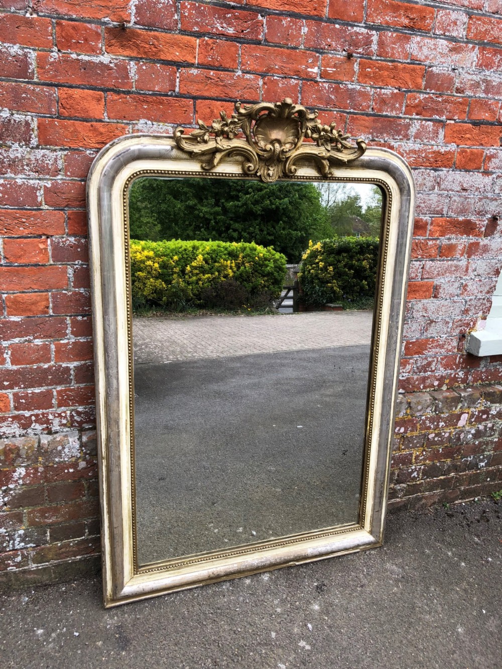 A Fabulous large Antique French 19th Century carved wood & gesso arched top original silvered white and gilt Louis Philippe Mirror. View VI
