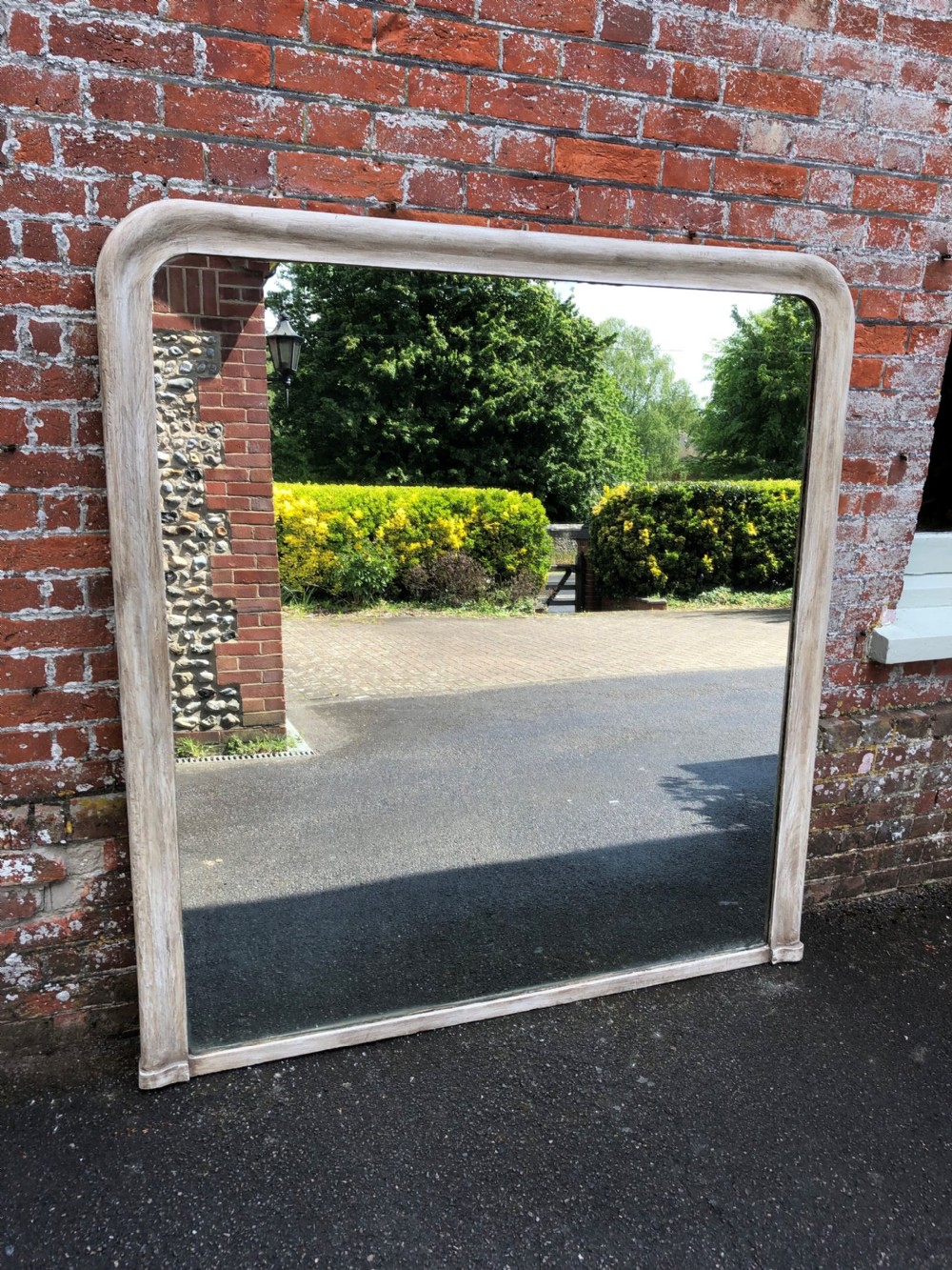 A Spectacular large Antique English 19th Century carved wood painted arched top plain Mirror. View VI