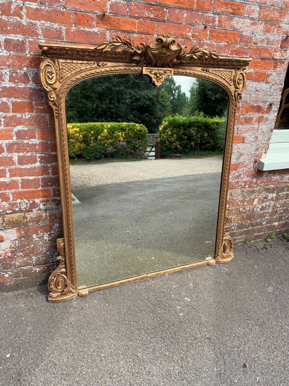 An Exceptional large Antique 19th Century English original gilt carved wood & gesso Overmantle Mirror.