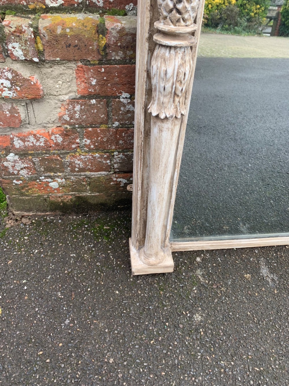A Fabulous large Antique English 19th Century carved wood and gesso painted Column Mirror. View IV