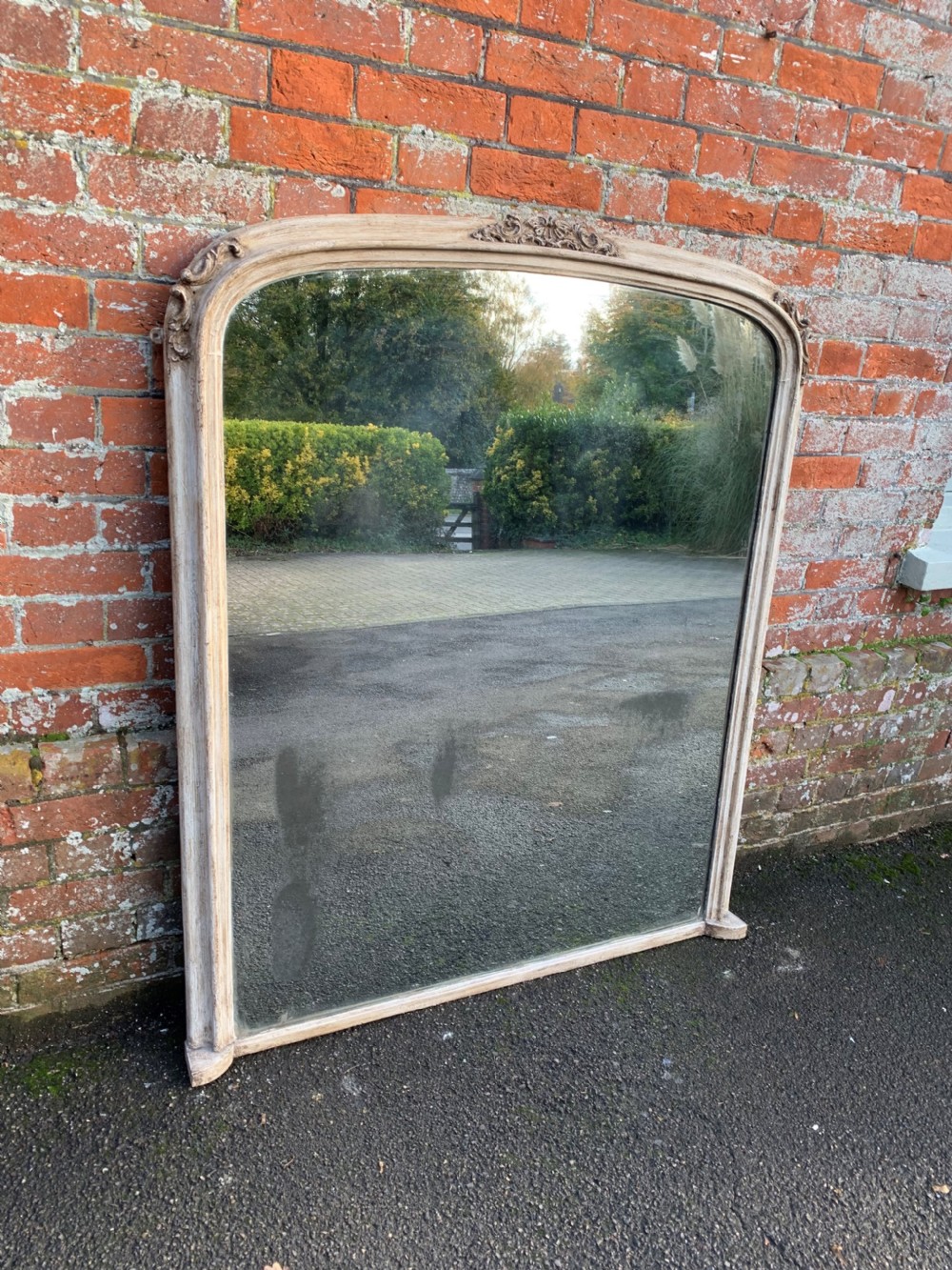 A Wonderful large Antique English 19th Century carved wood & gesso arched top painted Overmantle Mirror. View V