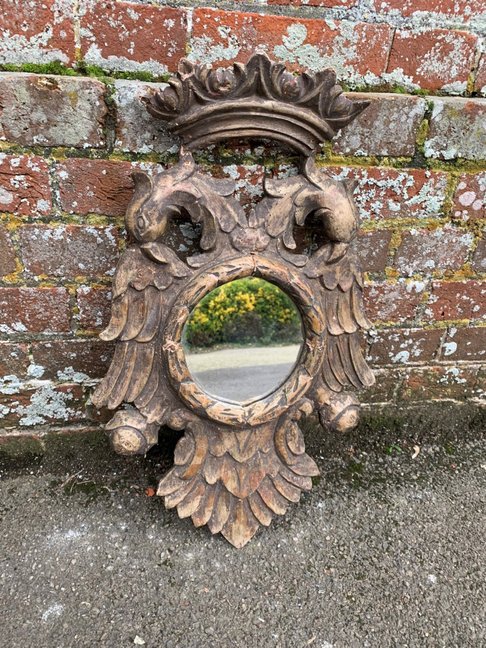A Wonderful good size Antique French 19th Century carved wood ornate fish carved Mirror. View VI