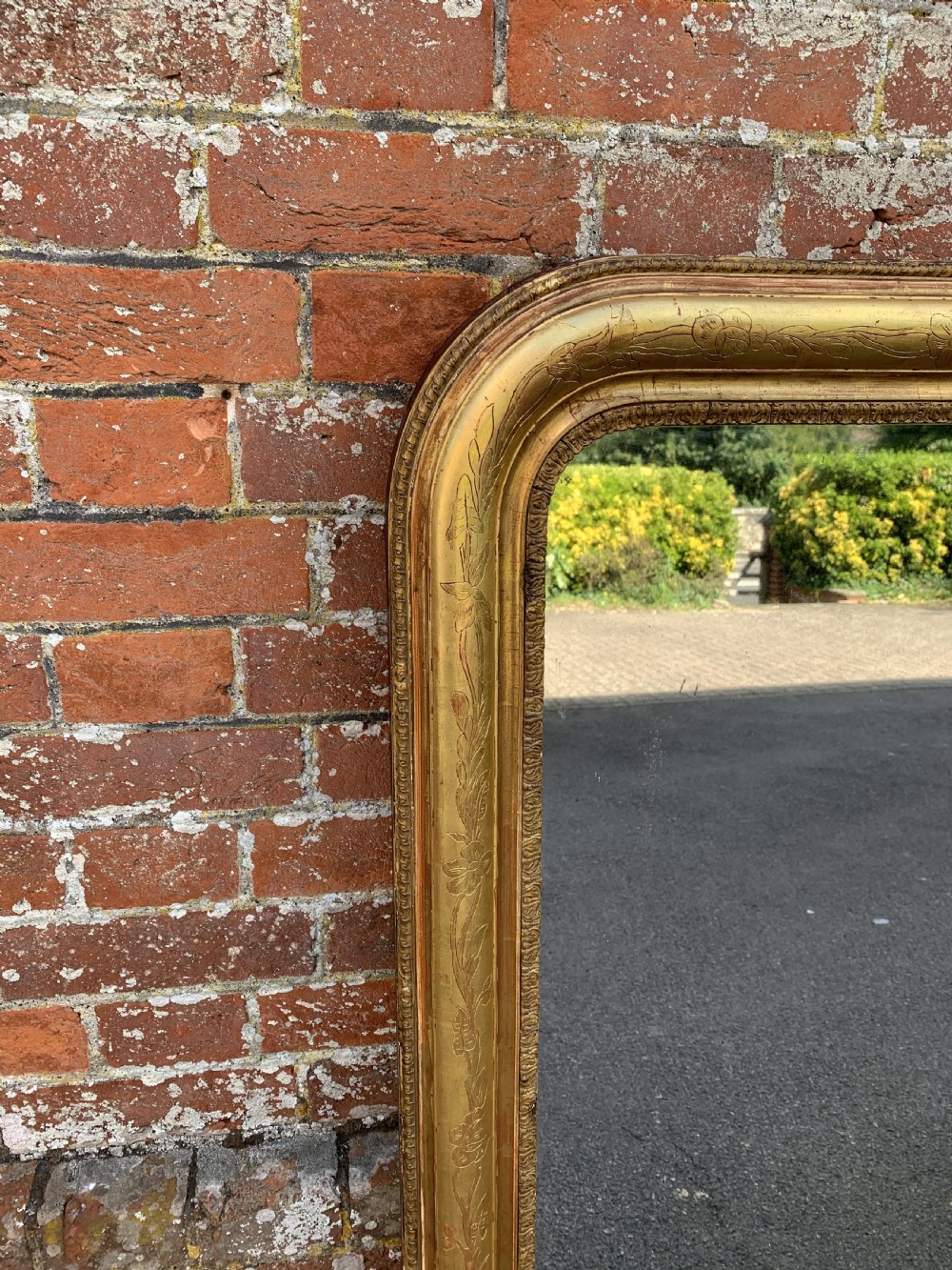 A Wonderful large Antique French 19th Century carved wood and gesso arched top original gilt etched framed Mirror. View II
