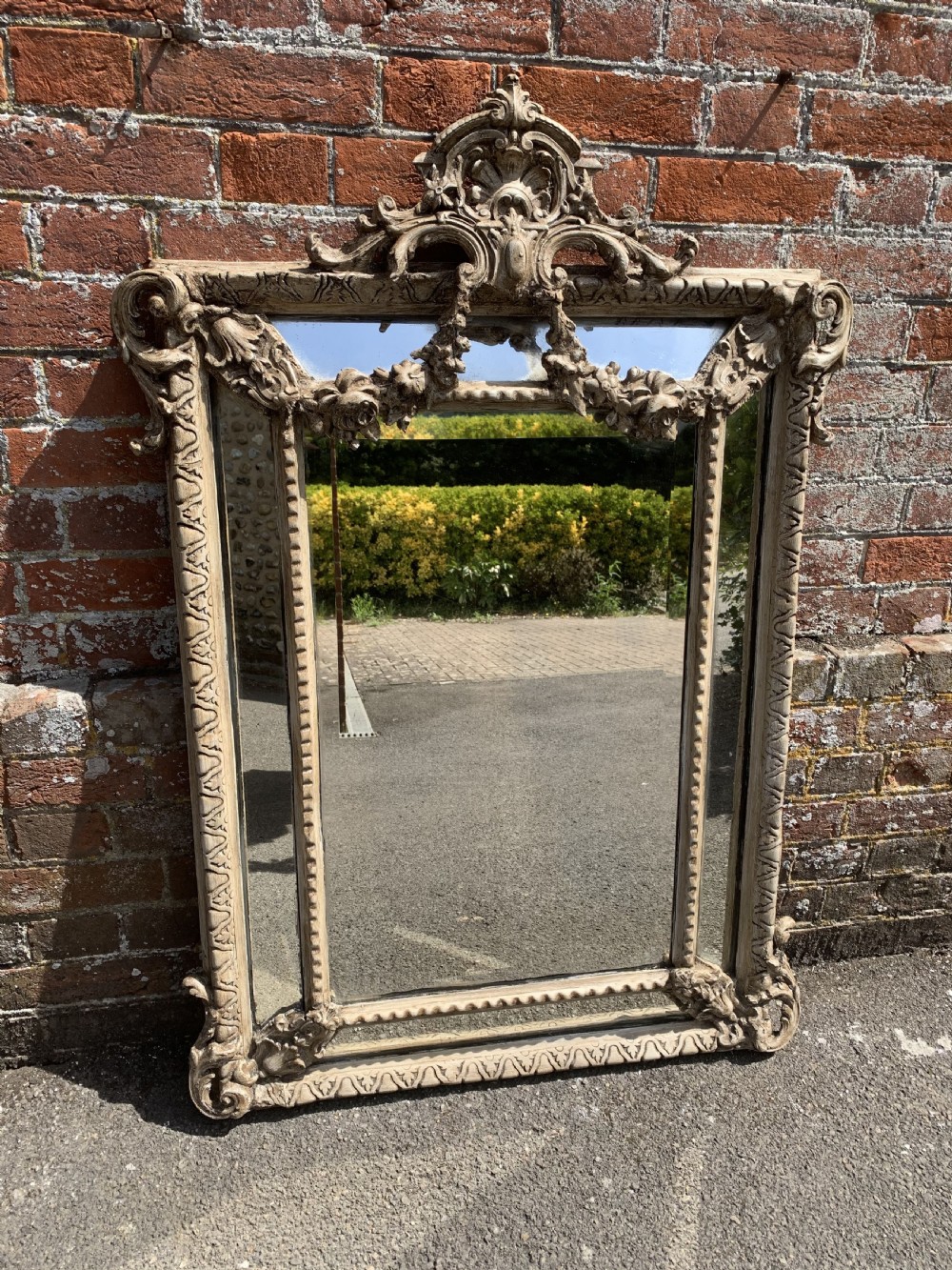 A Superb useful size Antique French 19th Century carved wood & gesso painted Cushion Mirror.