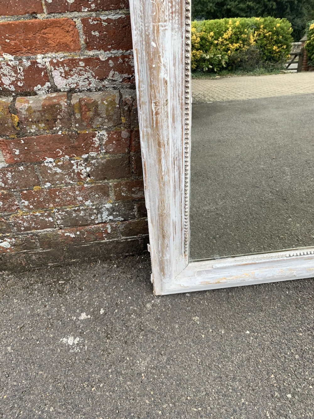 A Stunning large Antique French 19th Century carved wood and gesso shaped top distressed painted & gilt etched framed Mirror. View II