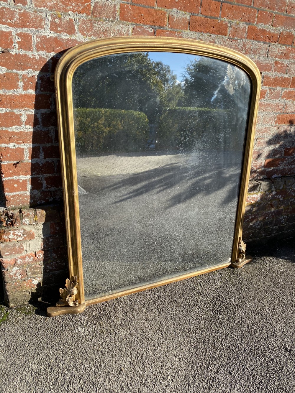 A Delightful large Antique English 19th Century carved wood & gesso arched top original gilt Overmantle Mirror.