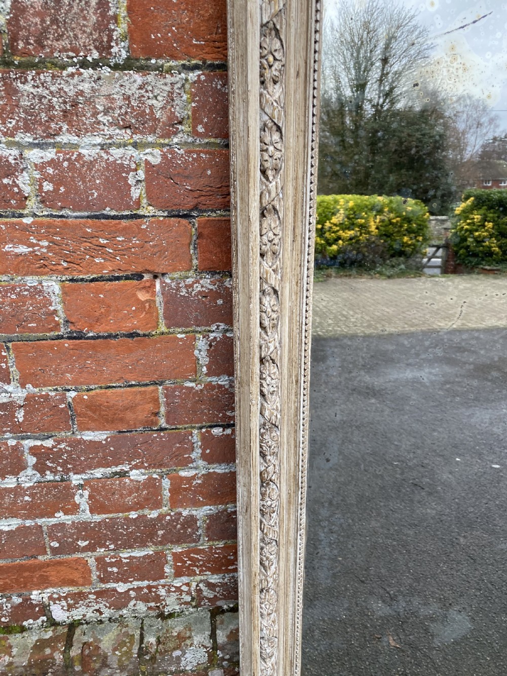 A Stunning large Antique French 19th Century carved wood and gesso shaped top painted Mirror. View III